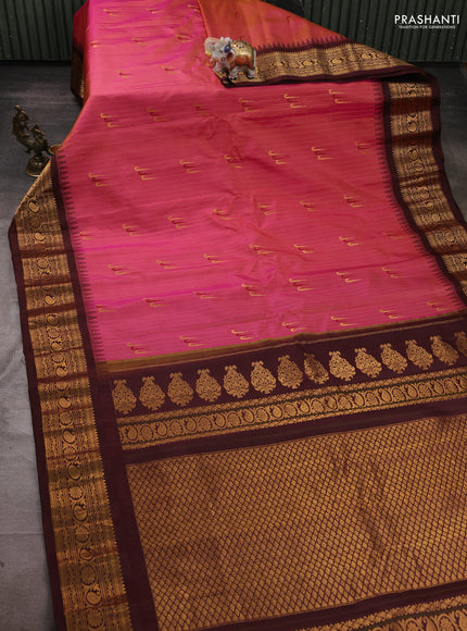 Pure gadwal silk saree dual shade of pink and coffee brown with allover zari strips & muniya buttas and temple design zari woven border
