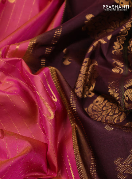 Pure gadwal silk saree dual shade of pink and coffee brown with allover zari strips & muniya buttas and temple design zari woven border