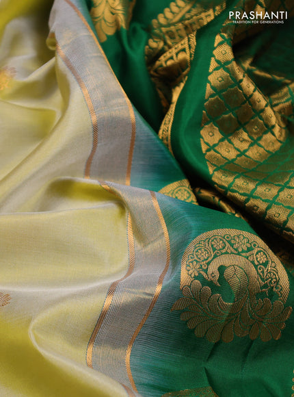 Pure gadwal silk saree pista green and green with zari woven buttas and temple design zari woven border