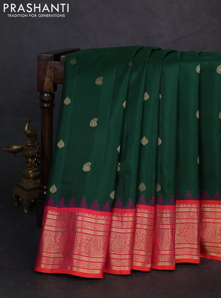 Pure gadwal silk saree bottle green and dual shade of pinkish orange with zari woven buttas and temple design zari woven border