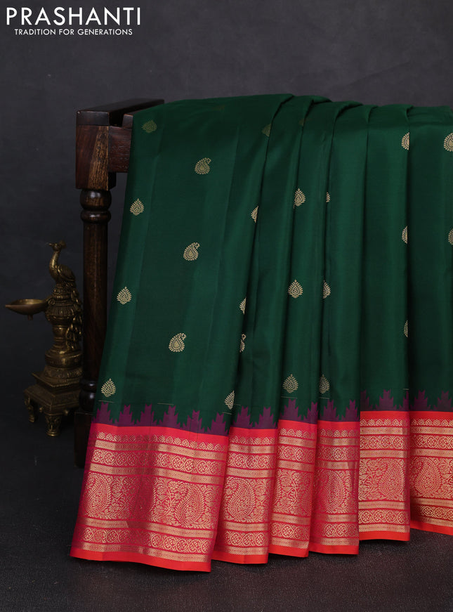 Pure gadwal silk saree bottle green and dual shade of pinkish orange with zari woven buttas and temple design zari woven border