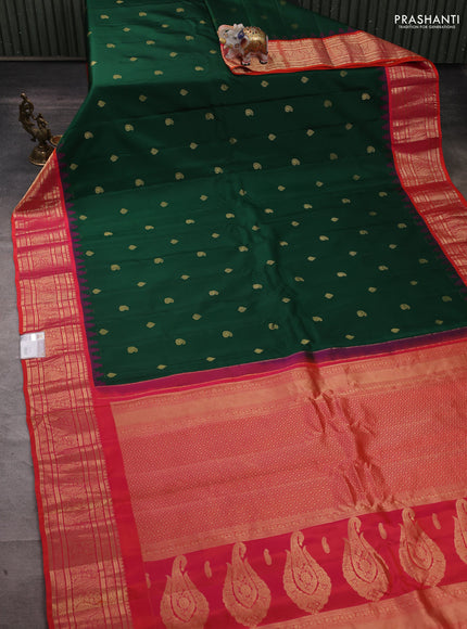 Pure gadwal silk saree bottle green and dual shade of pinkish orange with zari woven buttas and temple design zari woven border