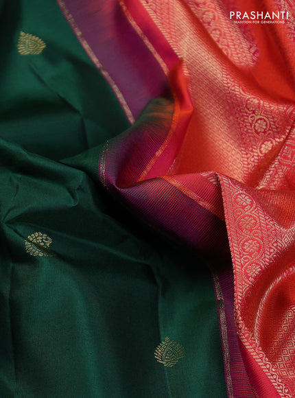 Pure gadwal silk saree bottle green and dual shade of pinkish orange with zari woven buttas and temple design zari woven border