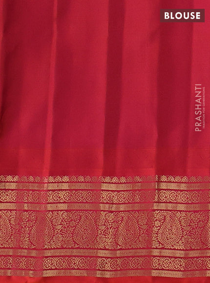 Pure gadwal silk saree bottle green and dual shade of pinkish orange with zari woven buttas and temple design zari woven border