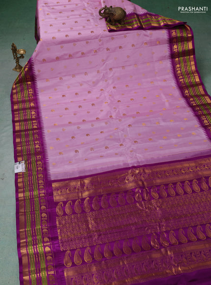 Pure gadwal silk saree mild lavender and purple with zari woven buttas and temple design zari woven border