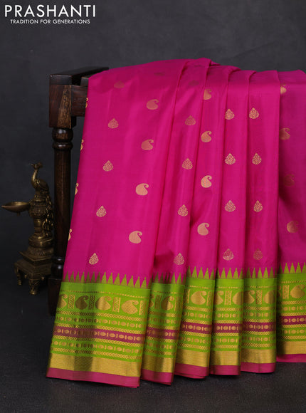 Pure gadwal silk saree magenta pink and light green with zari woven buttas and temple design zari woven border