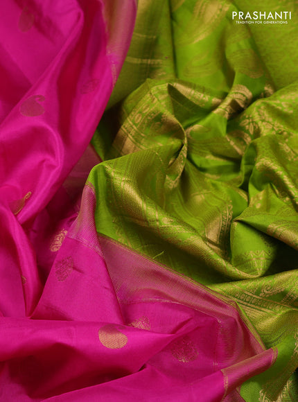Pure gadwal silk saree magenta pink and light green with zari woven buttas and temple design zari woven border