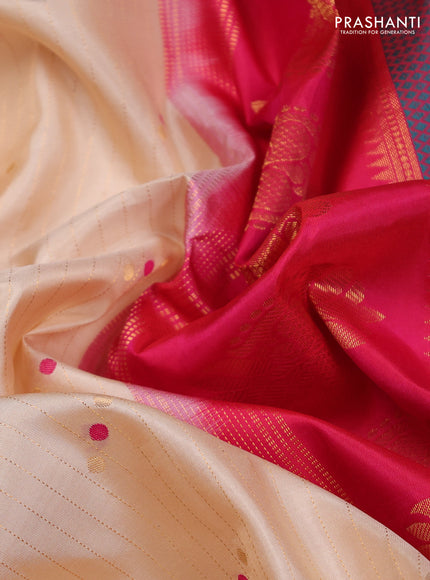 Pure gadwal silk saree cream and pink with allover zari strips & buttas and temple design zari woven border