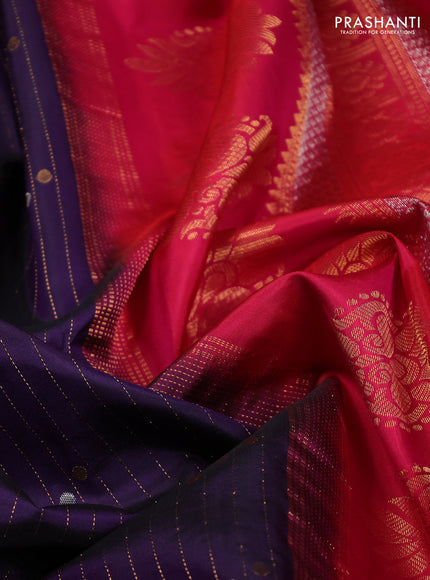 Pure gadwal silk saree navy blue and reddish pink with allover zari strips & buttas and temple design zari woven border