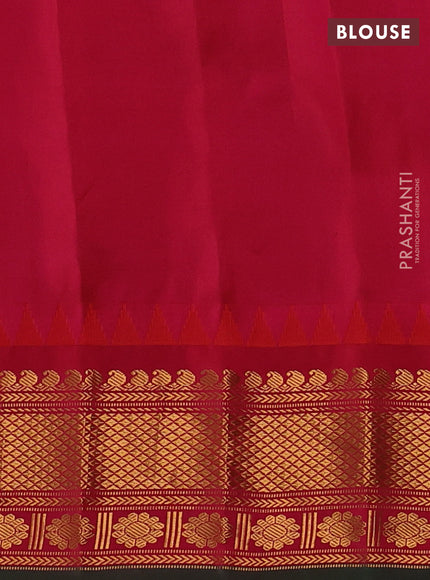 Pure gadwal silk saree navy blue and reddish pink with allover zari strips & buttas and temple design zari woven border