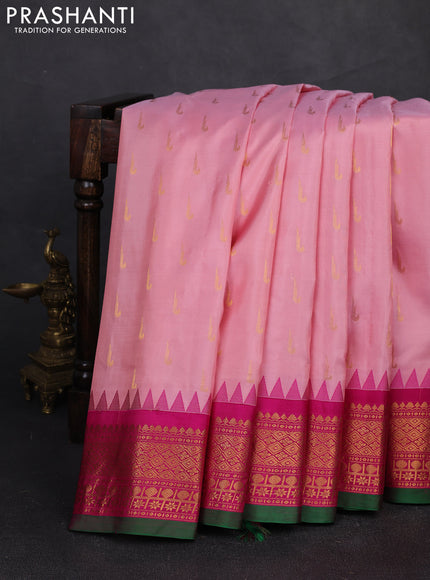 Pure gadwal silk saree mild peach and magenta pink with zari woven muniya buttas and temple design zari woven border