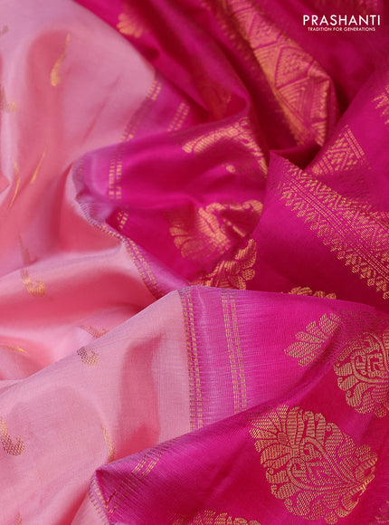 Pure gadwal silk saree mild peach and magenta pink with zari woven muniya buttas and temple design zari woven border