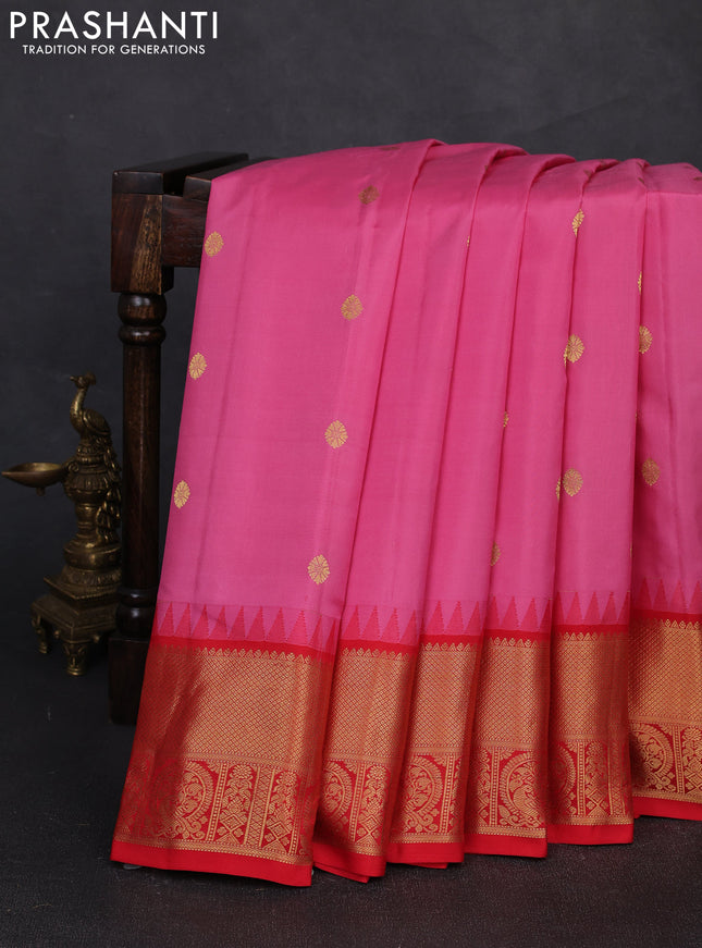 Pure gadwal silk saree pink and red with zari woven buttas and temple design zari woven border