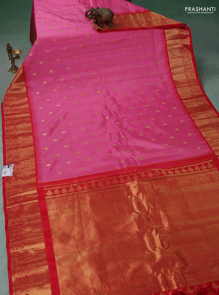 Pure gadwal silk saree pink and red with zari woven buttas and temple design zari woven border