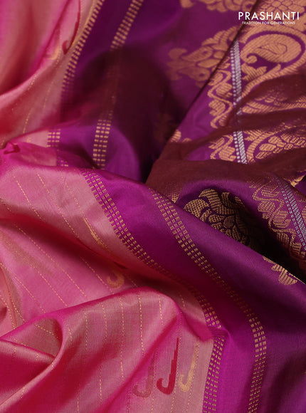 Pure gadwal silk saree dual shade of pink and purple with allover zari weaves & muniya buttas and temple design zari woven border