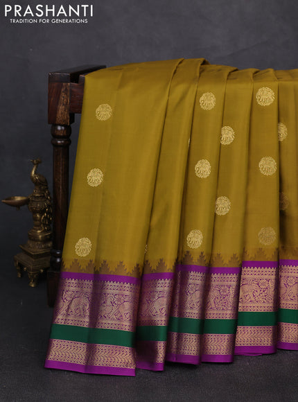 Pure gadwal silk saree mustard green and purple with zari woven buttas and temple design rettapet zari woven border