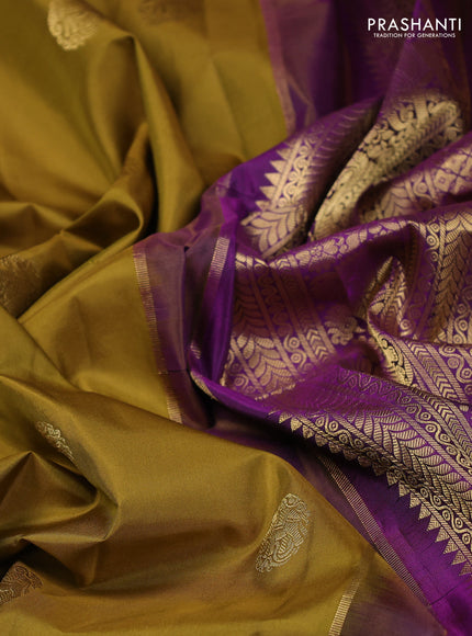 Pure gadwal silk saree mustard green and purple with zari woven buttas and temple design rettapet zari woven border