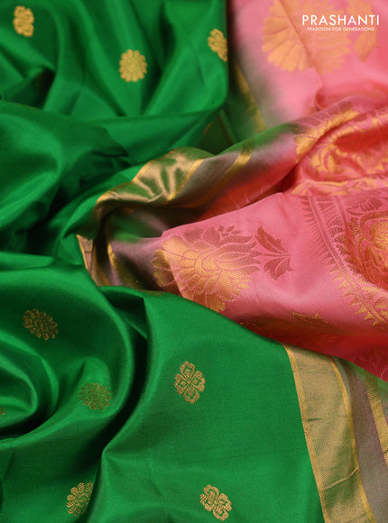 Pure gadwal silk saree green and peach shade with zari woven buttas and temple design zari woven border