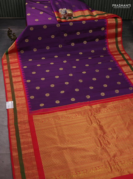 Pure gadwal silk saree purple and red with zari woven buttas and temple design rettapet zari woven border