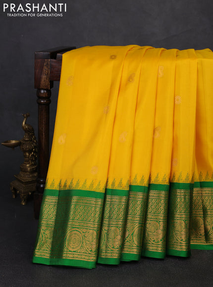 Pure gadwal silk saree yellow and green with zari woven buttas and temple design zari woven border