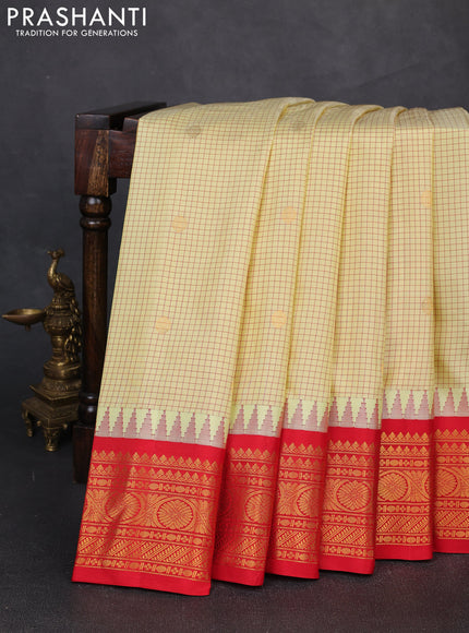 Pure gadwal silk saree cream and red with allover checks & zari buttas and temple design zari woven border