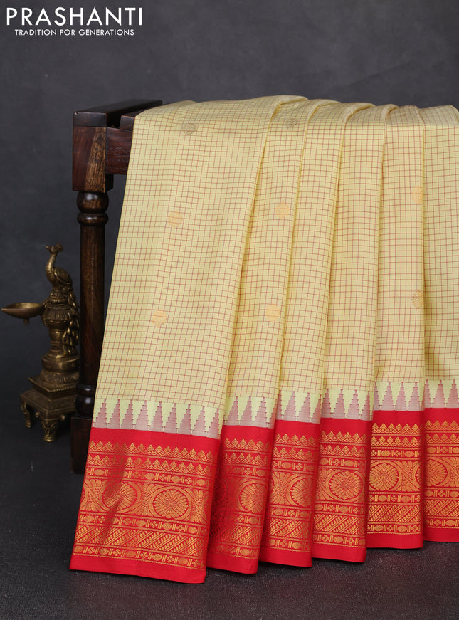 Pure gadwal silk saree cream and red with allover checks & zari buttas and temple design zari woven border