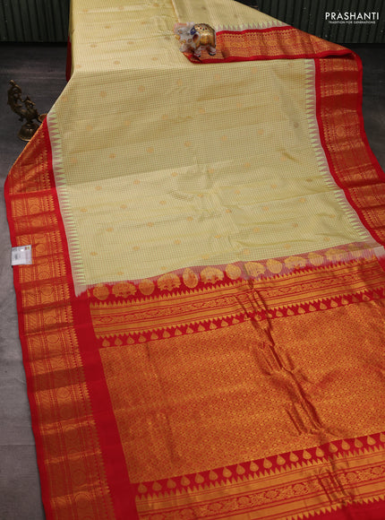 Pure gadwal silk saree cream and red with allover checks & zari buttas and temple design zari woven border