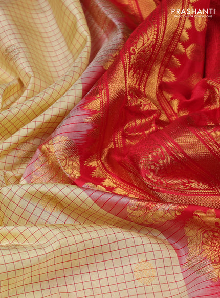 Pure gadwal silk saree cream and red with allover checks & zari buttas and temple design zari woven border
