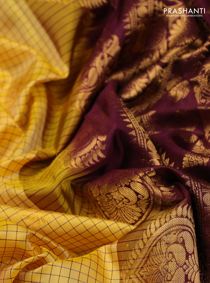 Pure gadwal silk saree yellow and deep maroon with allover checks & zari buttas and temple design zari woven border