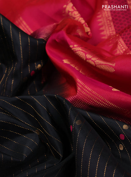 Pure gadwal silk saree black and pink with allover zari strips & buttas and temple design zari woven border