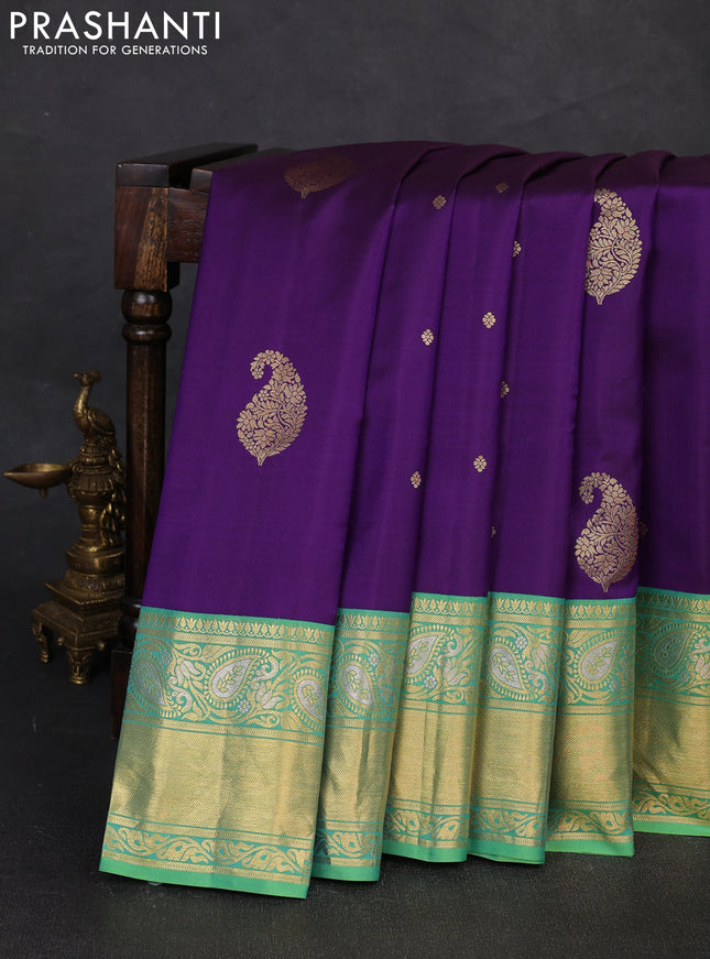 Pure gadwal silk saree purple and teal green shade with zari woven buttas and rich zari woven border