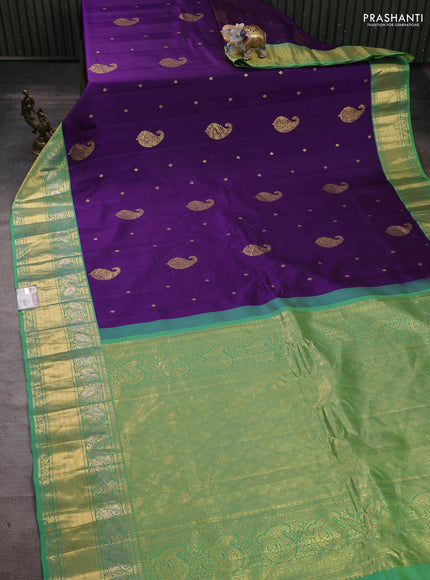 Pure gadwal silk saree purple and teal green shade with zari woven buttas and rich zari woven border