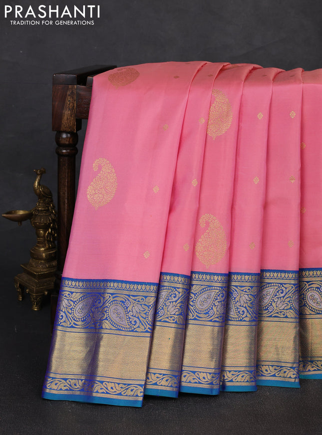 Pure gadwal silk saree light pink and dual shade of blue with zari woven buttas and zari woven border