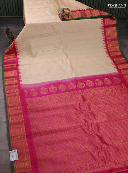 Pure gadwal silk saree off white and pink with zari woven buttas and temple design zari woven border