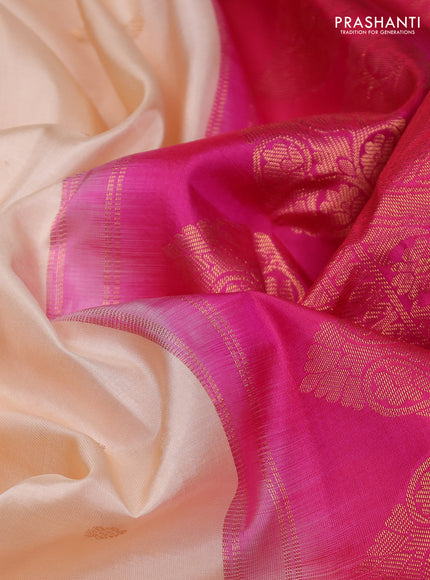 Pure gadwal silk saree off white and pink with zari woven buttas and temple design zari woven border