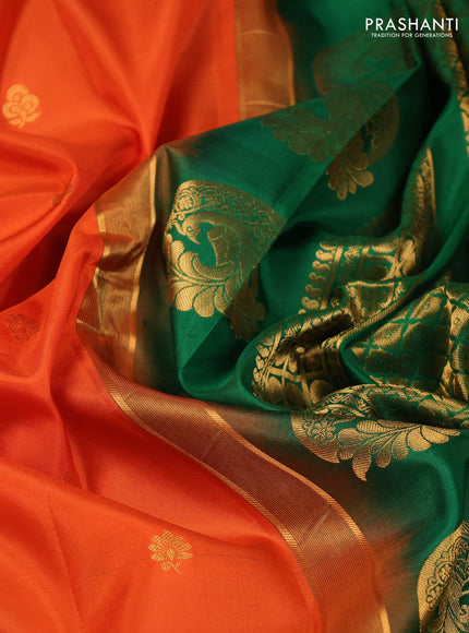 Pure gadwal silk saree orange and green with zari woven buttas and temple design zari woven border