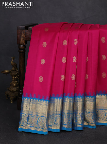 Pure gadwal silk saree magenta pink and cs blue with zari woven buttas and temple design zari woven border