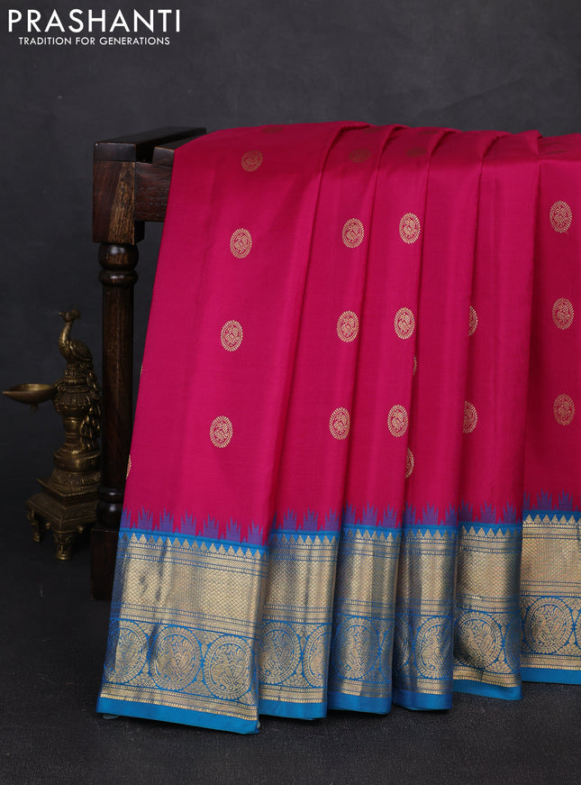 Pure gadwal silk saree magenta pink and cs blue with zari woven buttas and temple design zari woven border