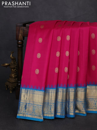 Pure gadwal silk saree magenta pink and cs blue with zari woven buttas and temple design zari woven border