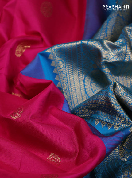 Pure gadwal silk saree magenta pink and cs blue with zari woven buttas and temple design zari woven border