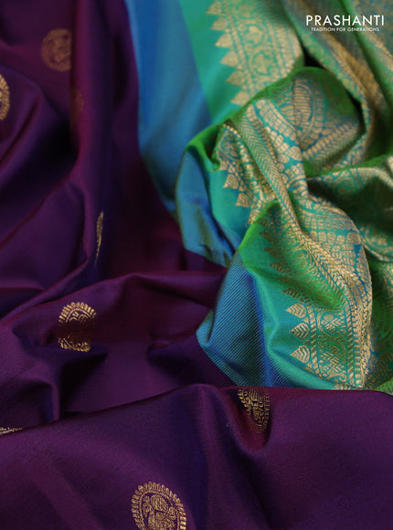 Pure gadwal silk saree deep purple and dual shade of teal green with zari woven buttas and temple design zari woven border