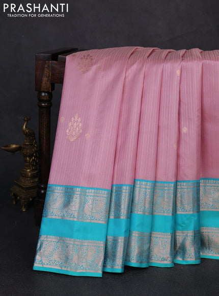 Pure gadwal silk saree pastel pink and teal blue with allover zari stripe pattern and rettapet zari woven border