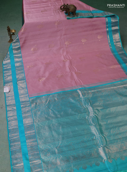 Pure gadwal silk saree pastel pink and teal blue with allover zari stripe pattern and rettapet zari woven border