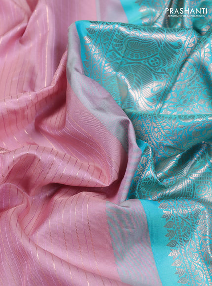 Pure gadwal silk saree pastel pink and teal blue with allover zari stripe pattern and rettapet zari woven border