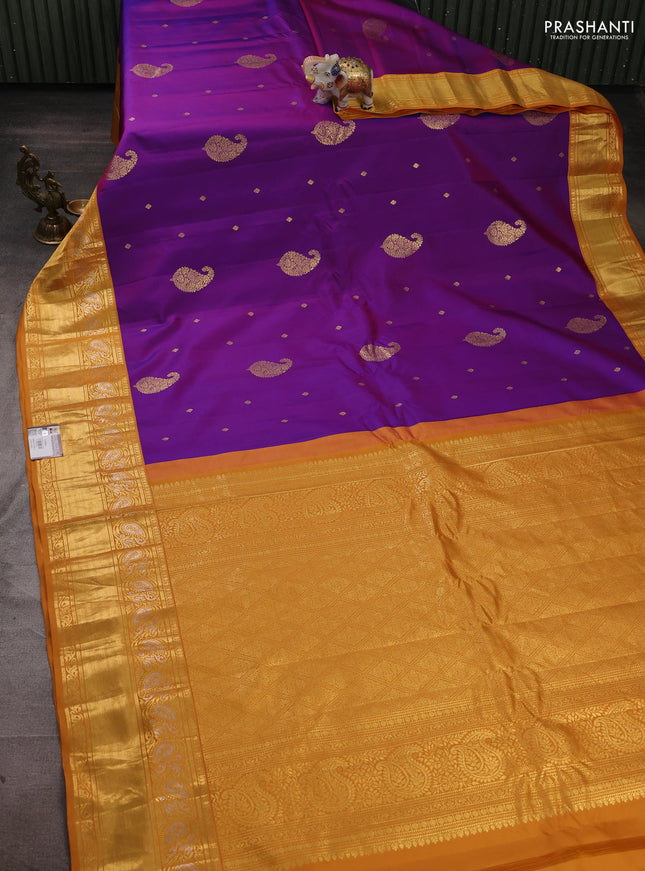 Pure gadwal silk saree purple and mustard yellow with zari woven buttas and rich zari woven border