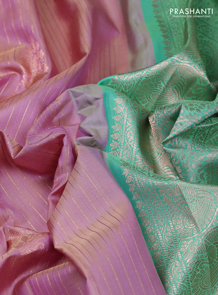Pure gadwal silk saree pastel lavender and teal green shade with allover zari stripe pattern and rettapet zari woven border