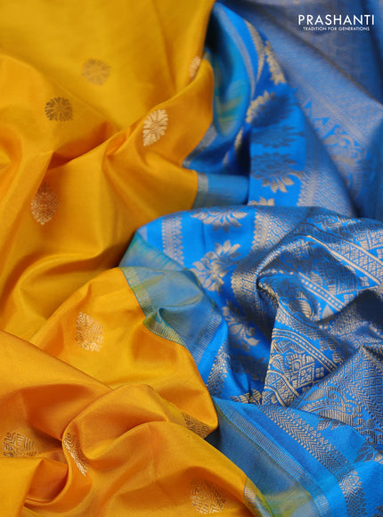 Pure gadwal silk saree yellow and cs blue with zari woven buttas and temple design zari woven border