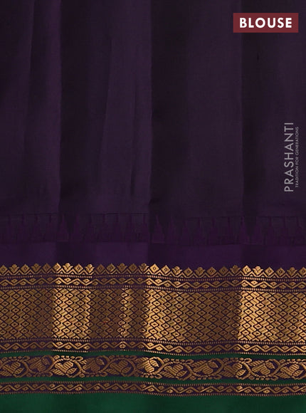 Pure gadwal silk saree light green and deep violet with zari woven buttas and temple design zari woven border