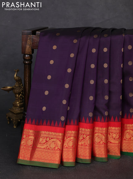 Pure gadwal silk saree deep purple and red with zari woven buttas and temple design zari woven border