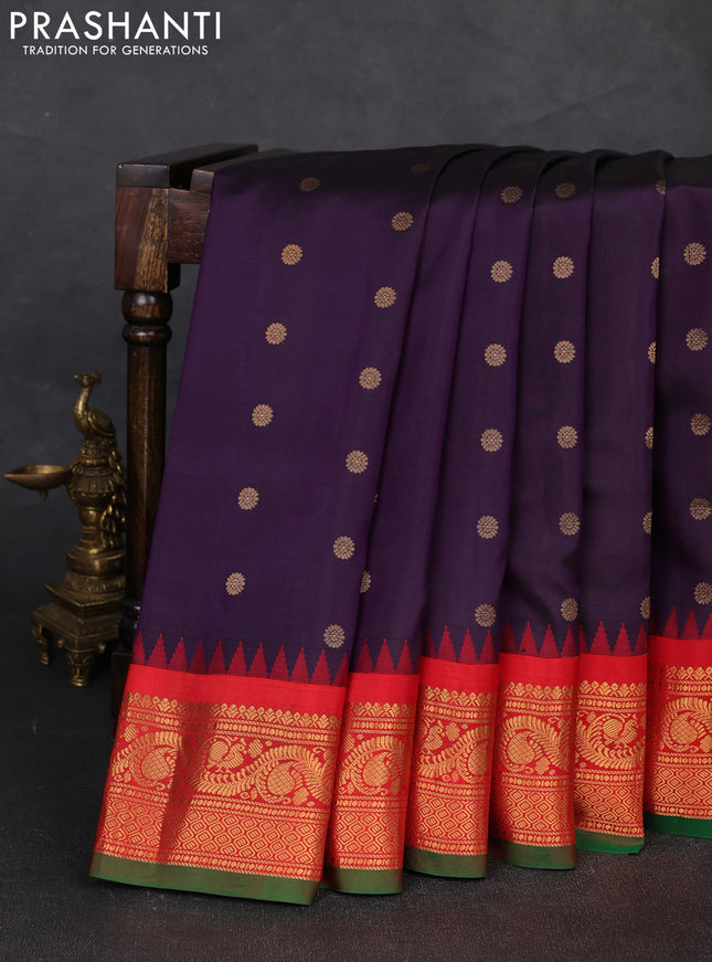 Pure gadwal silk saree deep purple and red with zari woven buttas and temple design zari woven border